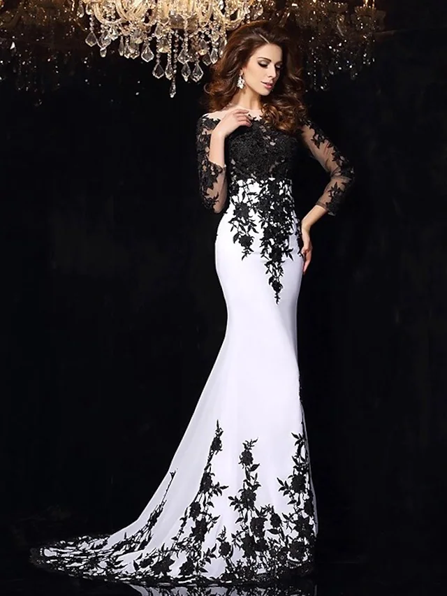 Luolandi Wedding Dresses Bateau Neck Lace Tulle Lace Over Satin Long Sleeve Sexy Black Illusion Sleeve